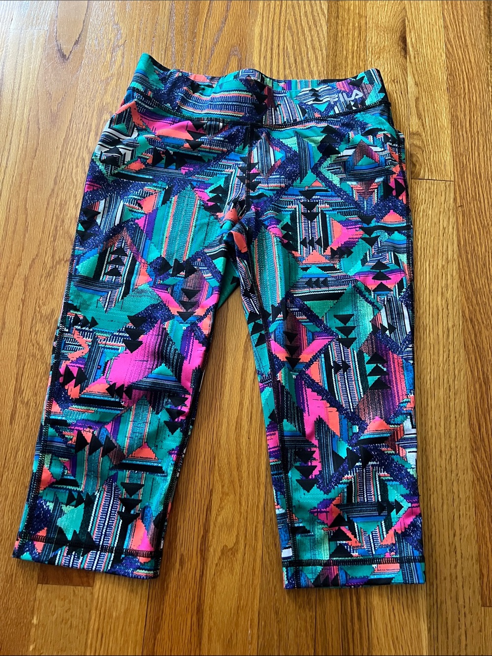 Fila Neon Geometric Capri Leggings - Teal, Pink & Black